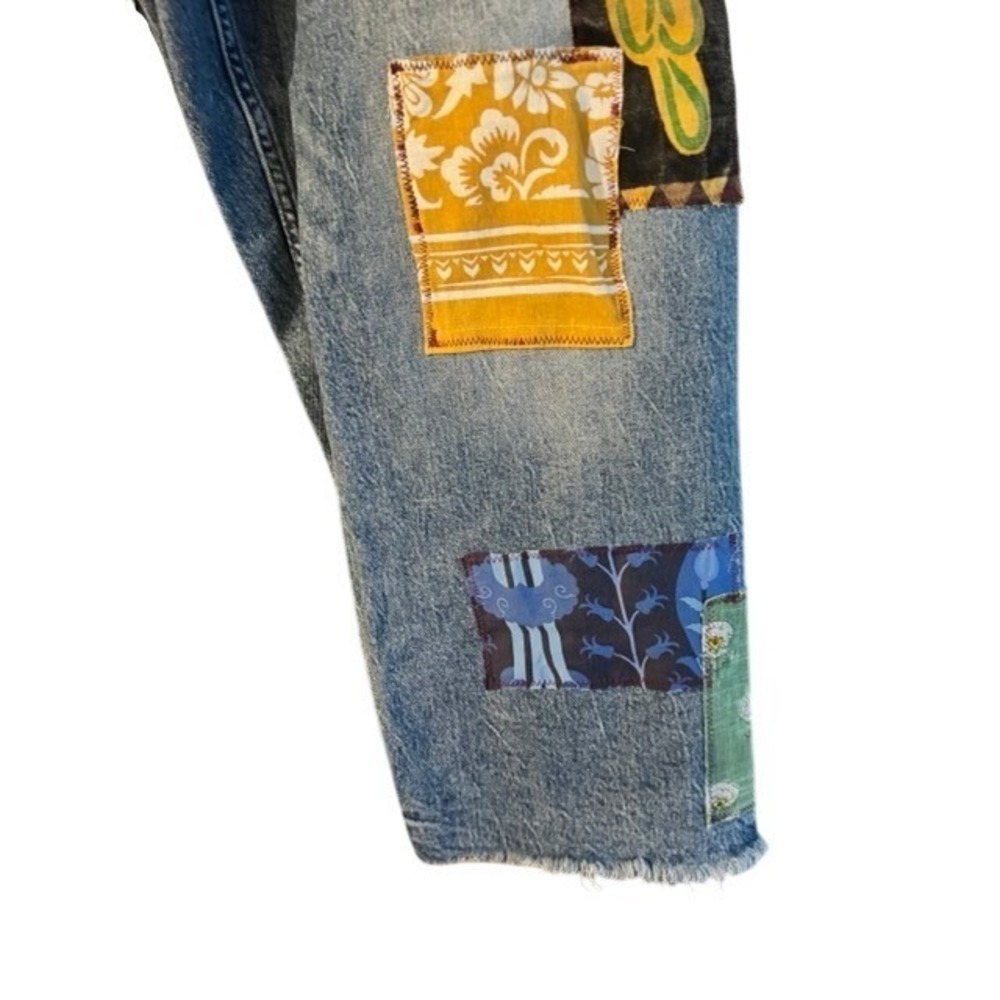 Unique upcycled Bird Patchwork Straight Leg Jeans Eclectic Boho Denim 14/32 - Picture 14 of 14